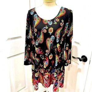 Slinky Brand paisley colorful short sleeve long tunic shirt blouse